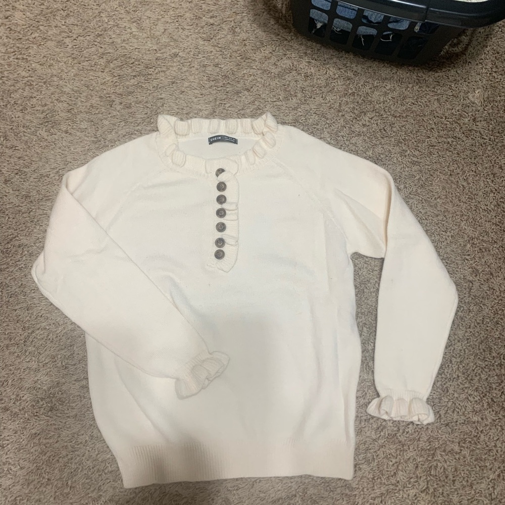 SHEIN Cream Ruffle-Neck Button sweater - Picture 2 of 2